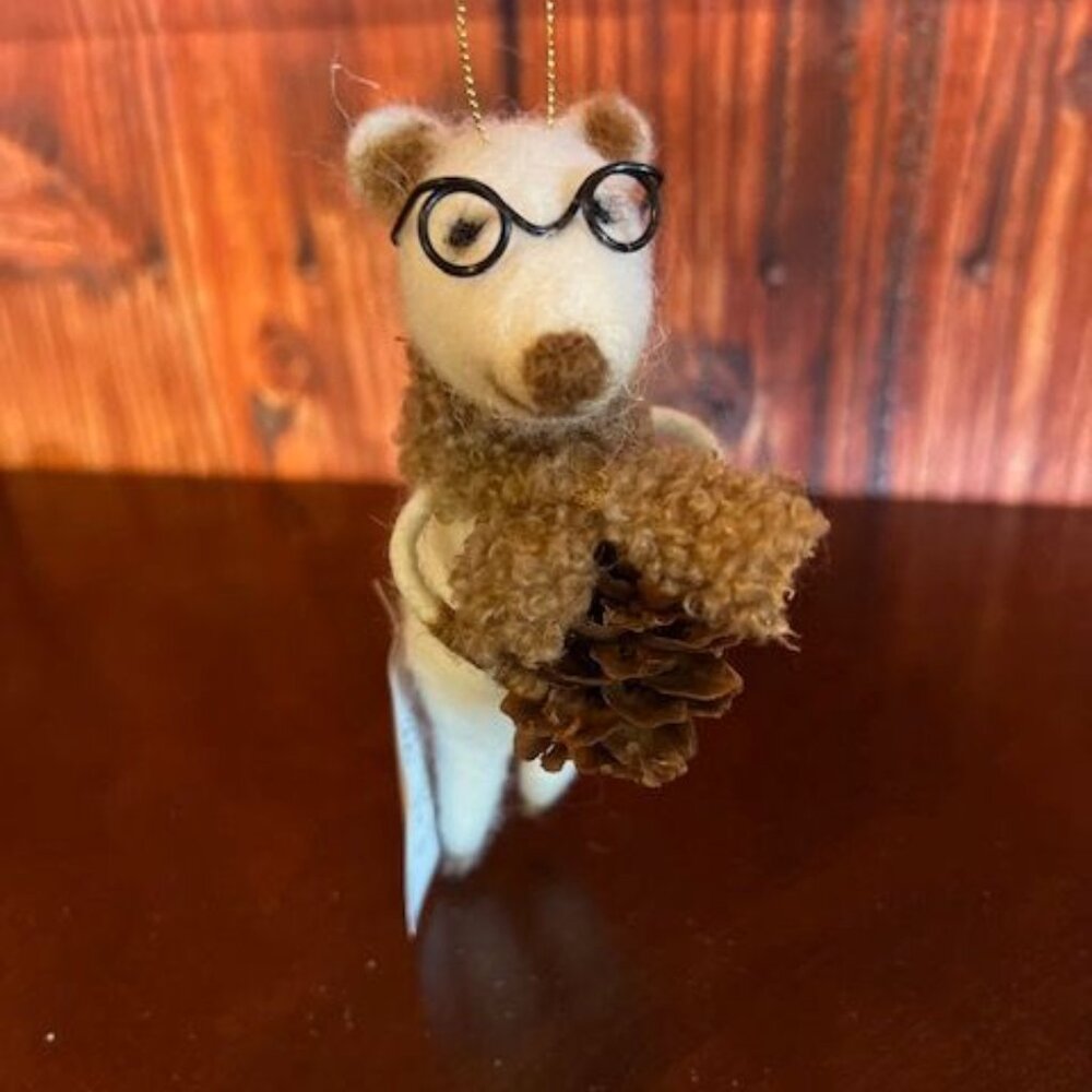 Felt white Mouse Christmas‎ Ornament With Glasses & Pinecone scarft hanging loop